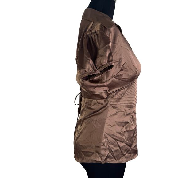 iZ Byer California Brown Satin Blouse – Y2K Empire Waist Puff Sleeve Top Medium - Picture 3 of 14